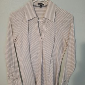 Express Essential Stretch, Women's Dress Shirt, M, Light Gray & White Stripped